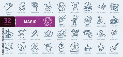 A set of 32 editable magic icons in a minimalist line style