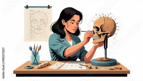 Forensic Artist Reconstructing Human Face from Skull Using Clay and Anatomical Data
