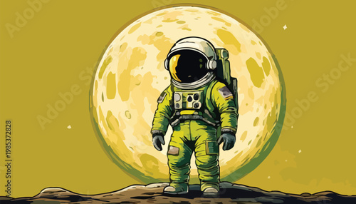 Astronaut Standing on a Lunar Surface with Moon Background.