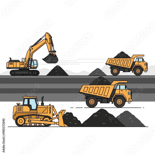 Construction and Mining Vehicles: Excavator, Bulldozer, Dump Trucks Moving Coal