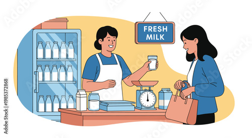 Friendly shopkeeper serving a glass of fresh milk to a female customer in a grocery store with a refrigerated milk shelf.