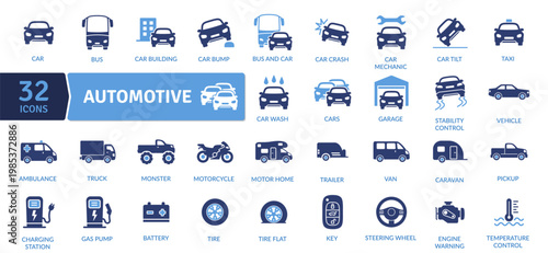 A set of 32 blue automotive icons for web and infographic use