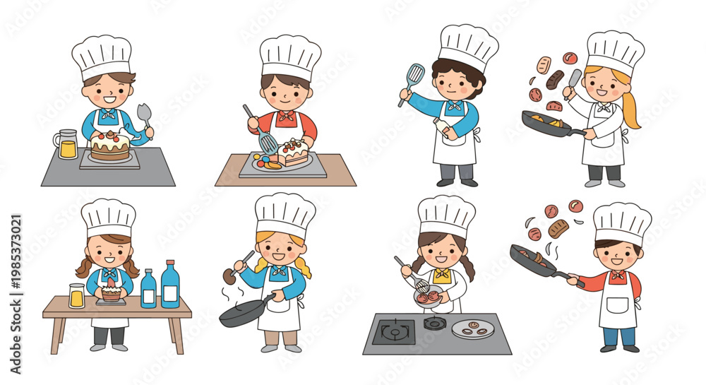 Fototapeta premium Diverse set of children in chef hats and aprons happily cooking, baking, and flipping delicious food in pans at the kitchen.