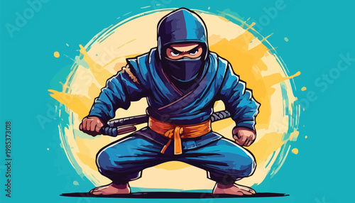 Cartoon Ninja Warrior Ready for Action with Katana Sword.