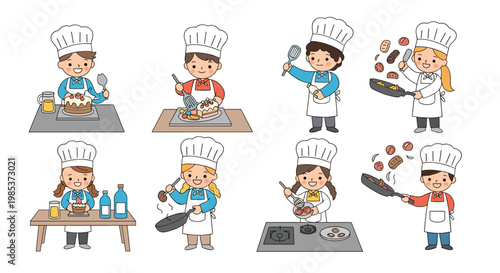 Diverse set of children in chef hats and aprons happily cooking, baking, and flipping delicious food in pans at the kitchen.