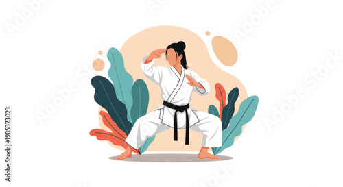 Skilled woman in a white karate gi and black belt performing a martial arts stance surrounded by abstract tropical leaves.