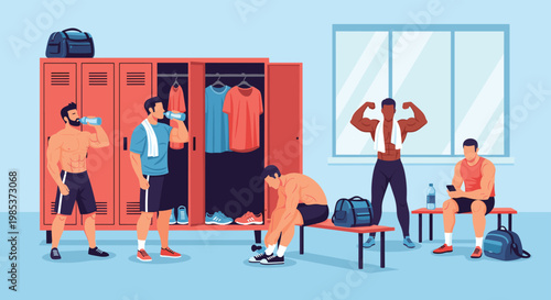 Group of athletic men in a modern gym locker room changing clothes, drinking water, and flexing after a hard workout.