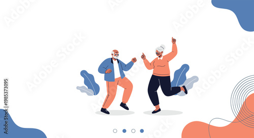 Joyful elderly couple dancing together energetically on an abstract background representing their active and happy aging.