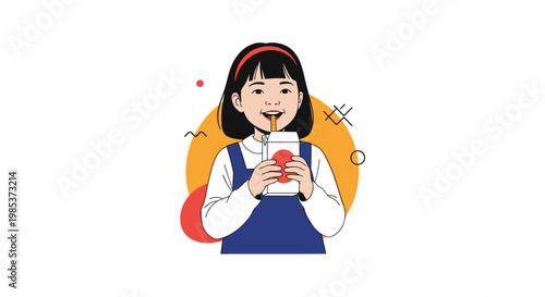 Happy young girl in blue overalls drinking juice through a straw from a small cardboard box against a sunny background.