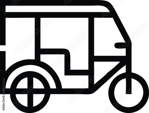 Linear Side View Icon of a Modern Three Wheeled Auto Rickshaw Vehicle
