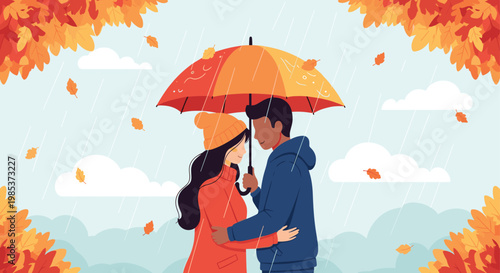 Romantic couple in winter clothes embracing under a large orange umbrella during a rainy autumn day with falling leaves.