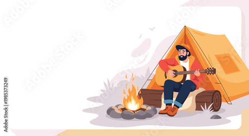Bearded man sitting on a log and playing an acoustic guitar by a cozy campfire next to his tent in the dark wilderness.