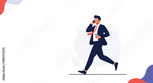 Busy businessman in a blue suit running while talking on a smartphone and holding a takeaway coffee cup in his hand.