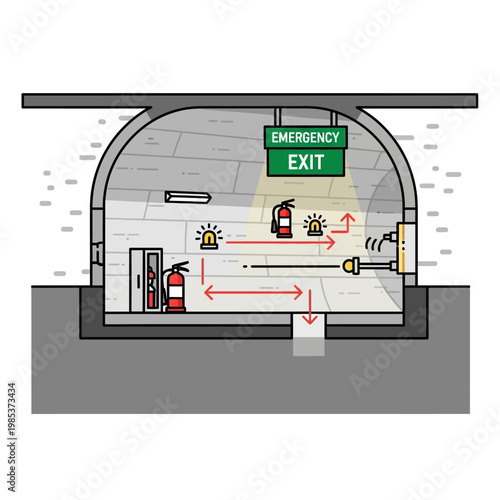 Emergency Exit Diagram: Fire Safety Plan and Evacuation Route in Building Cross-Section