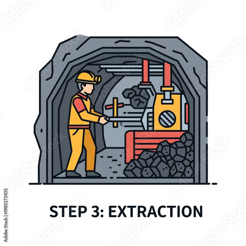Miner extracting coal from mine tunnel with machinery, industrial process illustration.