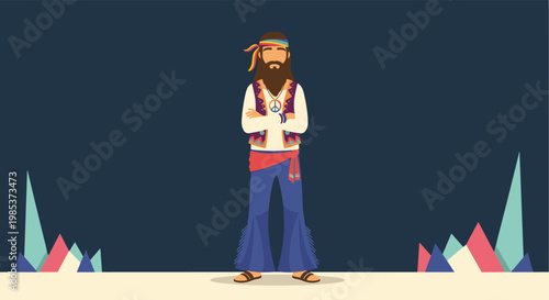 Bearded man dressed in traditional hippie attire with a headband, vest, bell bottoms, and a peace sign necklace.