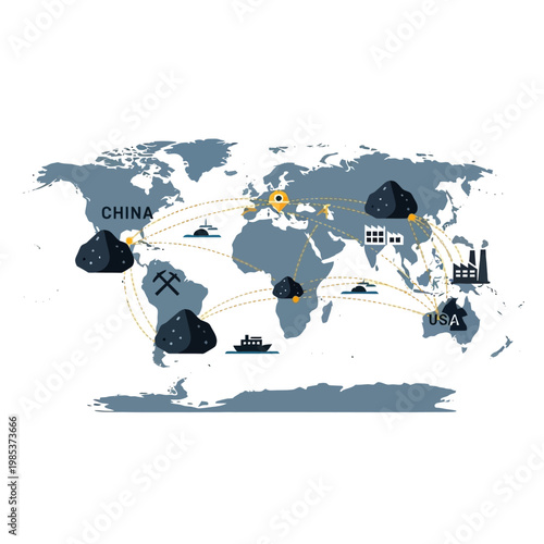 Global Trade Routes: Raw Materials to Industrial Production - World Map Illustration