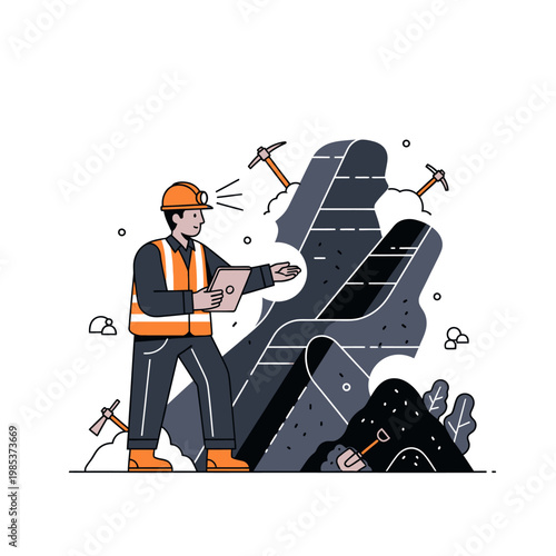 Miner with Tablet Inspecting Geological Strata and Mining Operations