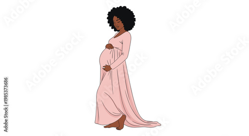 Beautiful pregnant woman with curly hair wearing a long pink flowing dress while holding her belly with love.