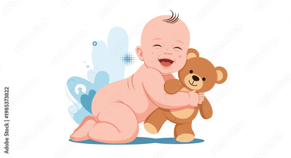 Fototapeta premium Adorable smiling baby crawling on the floor while hugging a soft brown teddy bear in a cheerful atmosphere.