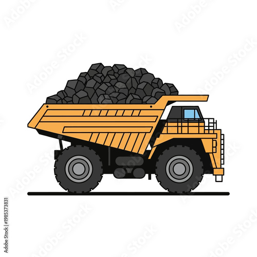 Mining dump truck loaded with coal, isolated on white background, industrial heavy machinery.