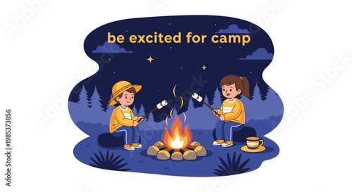 Two happy children roasting marshmallows over a glowing campfire in a forest at night under a starry sky.