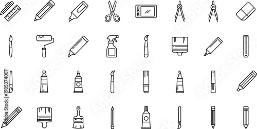 Art and stationery icon set with pencils brushes tools drawing supplies and creative equipment in outline style design