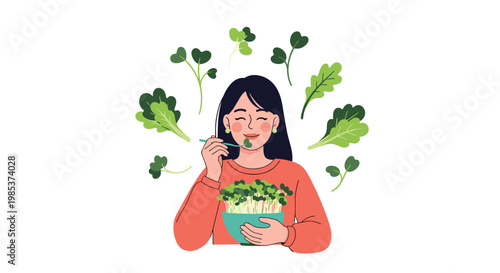 Happy young woman enjoying a healthy bowl of microgreens and salad leaves in a clean and fresh food concept.