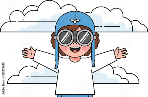 Happy Child Pilot Wearing Goggles and Aviator Hat, Arms Wide Open, Clouds Background