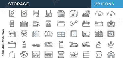 Storage and warehouse icon set with containers inventory logistics and data storage symbols in outline style design
