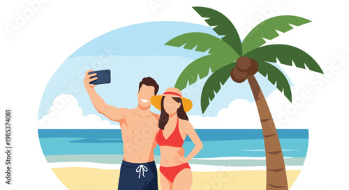 Happy young couple in swimwear taking a selfie on a beautiful tropical beach with a palm tree and blue sea.