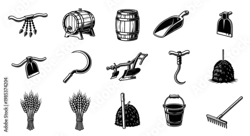 Traditional Agriculture Tools and Harvest Vector Elements