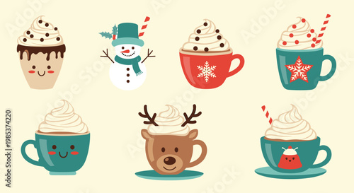 Set of festive winter treats and characters including hot chocolate with cream, a snowman, and a reindeer mug.