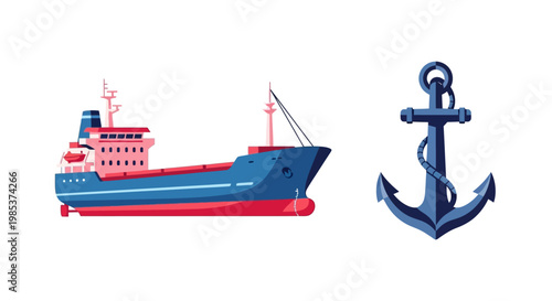 Blue and Red Cargo Ship with a Blue Anchor Illustration