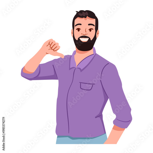 A cheerful man pointing at himself in a cartoon style on a clean white background, symbolizing confidence and positivity. Vector illustration