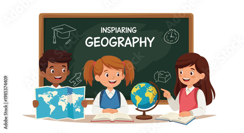 Three happy school children studying geography with a world map, books, and a globe in front of a chalkboard.