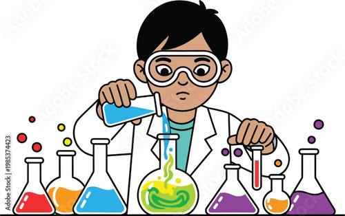 Young boy in lab coat conducting science experiment with colorful liquids in beakers