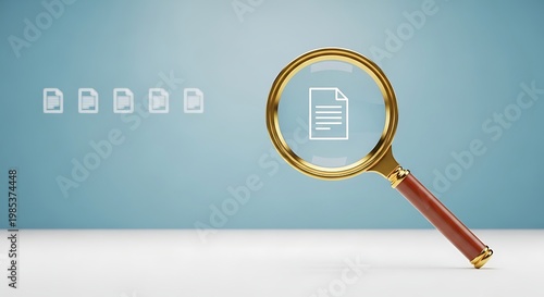 Magnifying glass with document icon on blue background, searching