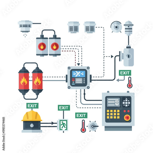 Industrial Fire Safety System Diagram: Control Panel, Smoke Detector, Exit Signs