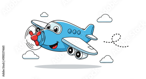 Cartoon Airplane with Smiling Face and Propeller