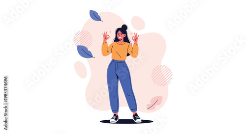 Cheerful young woman wearing casual outfit gesturing okay sign with both hands against creative abstract background.