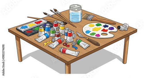 Cartoon Art Supplies on Wooden Table: Paints, Brushes, Palette, and Jar