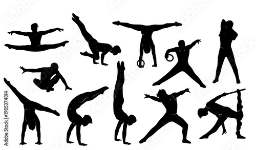 Artistic gymnastics male athletes silhouette vector set dynamic poses sports graphic collection