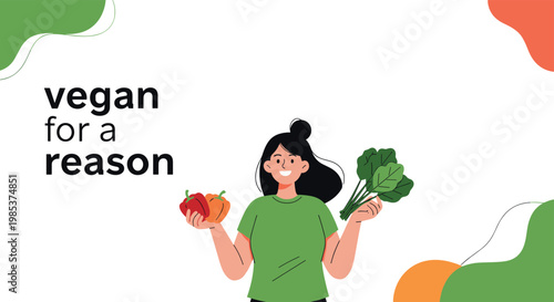 Happy young woman holding fresh bell peppers and green spinach leaves promoting healthy vegan lifestyle for a reason.