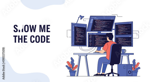 Male software developer working on complex programming project using multiple computer monitors displaying lines of code.