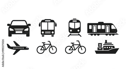 Transportation icons car bus train airplane bicycle and ship symbols