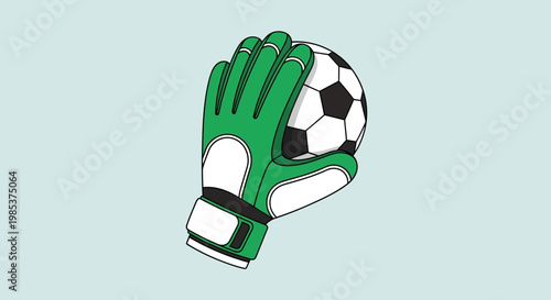 Green goalkeeper glove holding soccer ball.