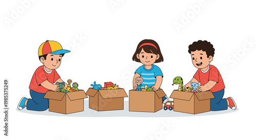 Group of children organizing and putting various toys into cardboard boxes for storage or donation in school playroom.