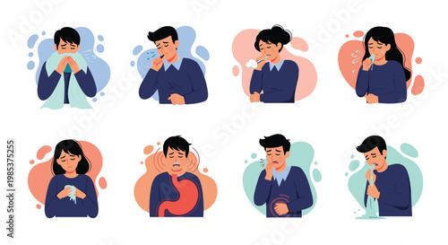 Set of characters experiencing various illness symptoms including coughing sneezing fever stomach ache and nausea.