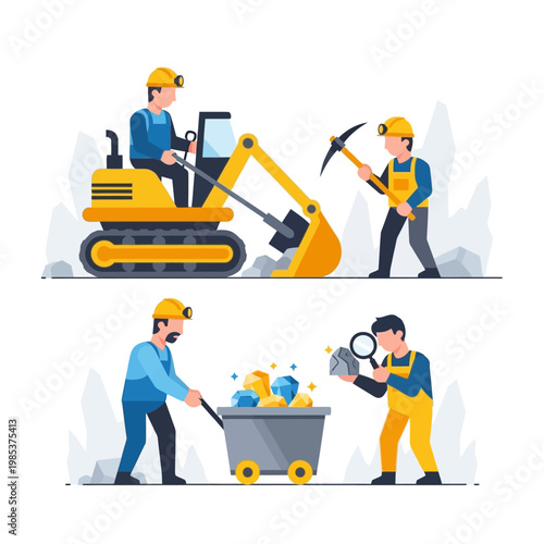 Miners excavating and examining precious gems and minerals in underground mine